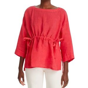 Eileen Fisher Garment-Dyed Handkerchief Linen Drawstring Top In Coral, Medium